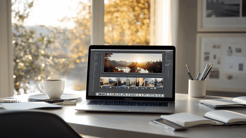 Modern ev ofis masasında fotoğraf düzenleme programı açık laptop, not defterleri ve kahve fincanı, doğal ışıkla aydınlanmış düzenli çalışma alanı.