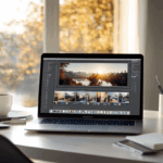 Modern ev ofis masasında fotoğraf düzenleme programı açık laptop, not defterleri ve kahve fincanı, doğal ışıkla aydınlanmış düzenli çalışma alanı.