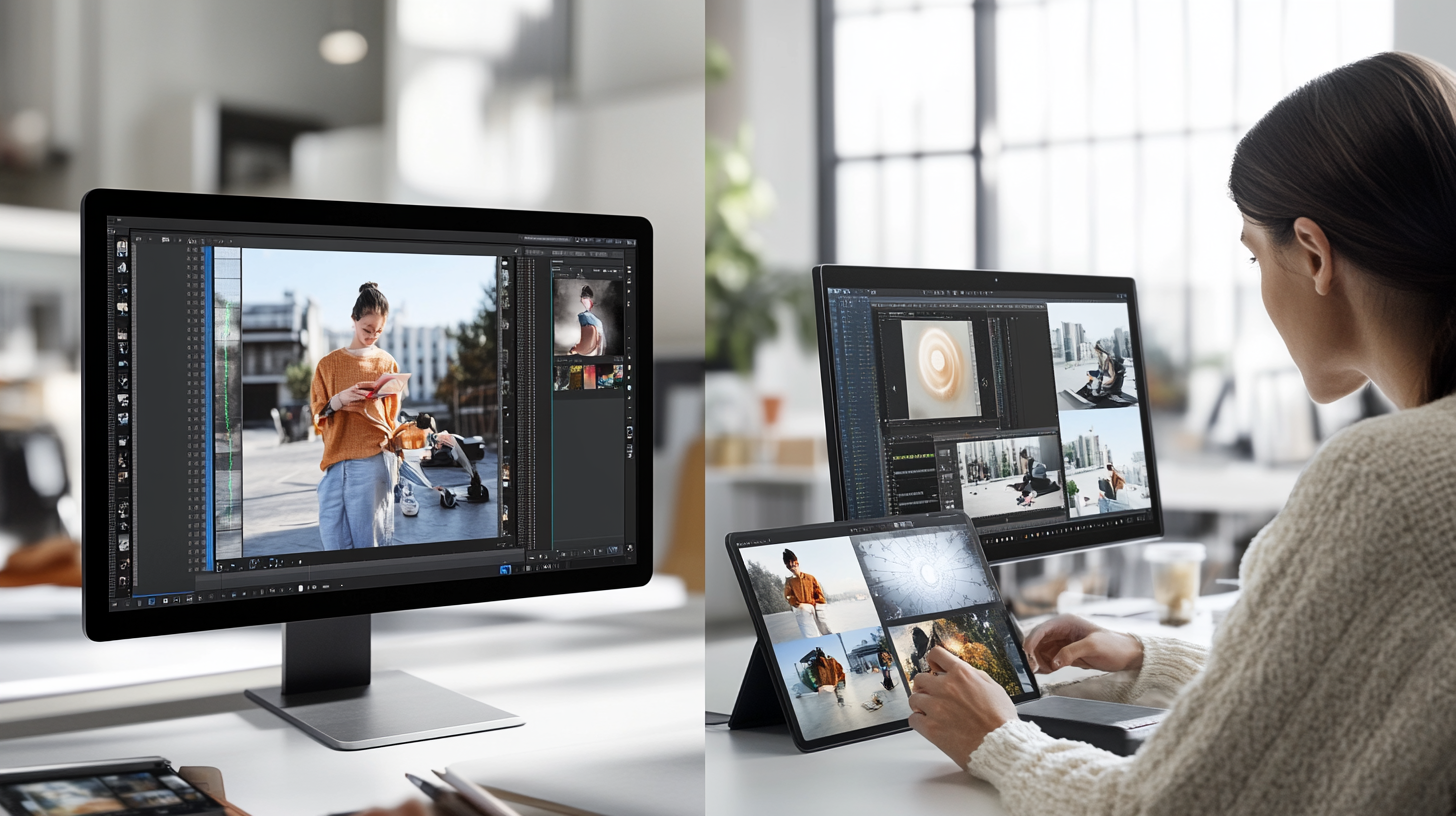 Bölünmüş ekranda, tablet ve masaüstü bilgisayarda AI destekli fotoğraf düzenleme yazılımı kullanan iki kullanıcı.