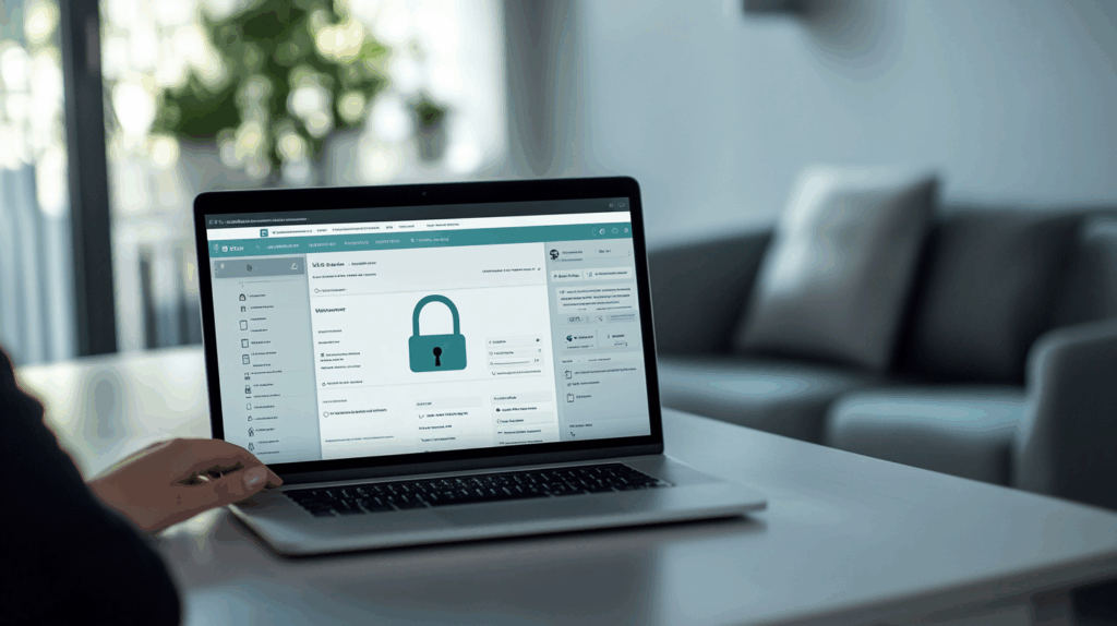 Profesyonel ofiste WordPress güvenlik ayarlarını inceleyen kişi, ekranda dijital kilit simgesi ve siber güvenlik teması.