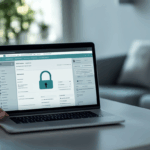 Profesyonel ofiste WordPress güvenlik ayarlarını inceleyen kişi, ekranda dijital kilit simgesi ve siber güvenlik teması.