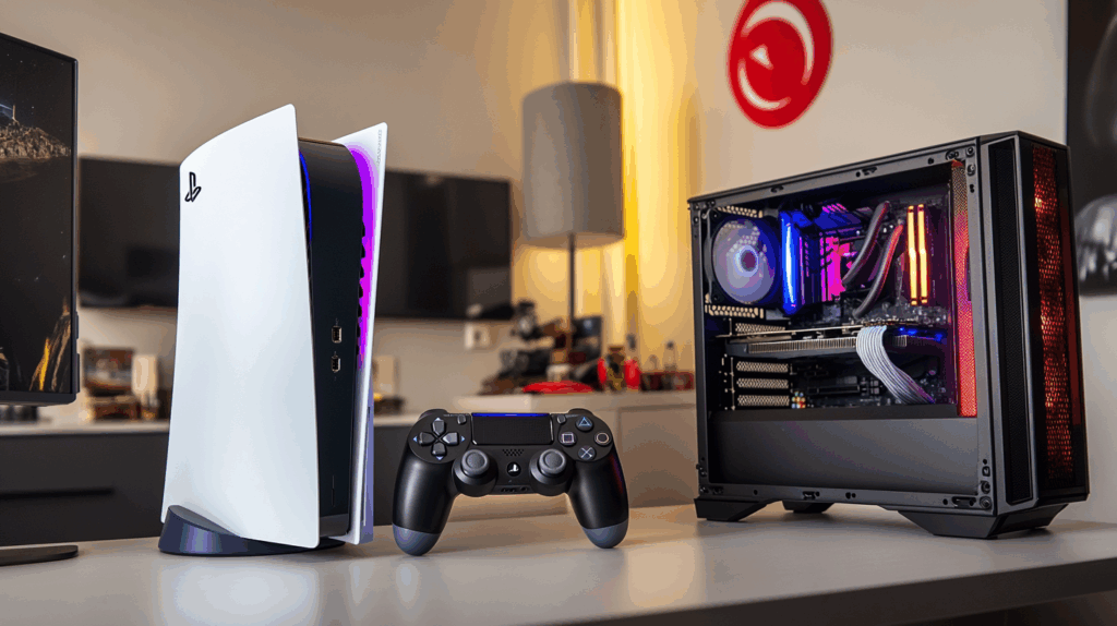 Modern oyun odasında RGB ışıklı özel yapım PC ve PlayStation 5 Pro konsol, arka planda Türk bayrağı ile fiyat karşılaştırması.