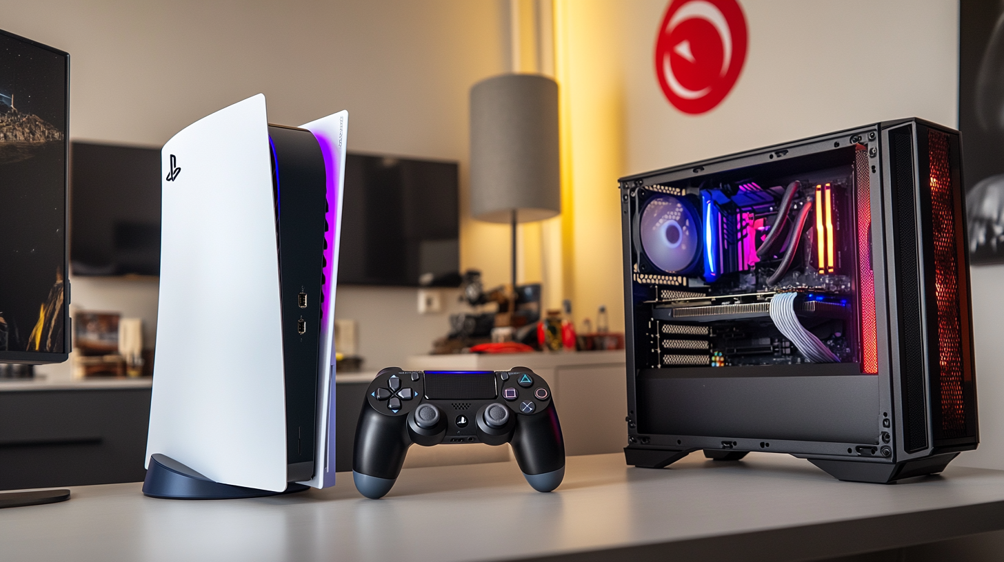 Modern oyun odasında RGB ışıklı özel yapım PC ve PlayStation 5 Pro konsol, arka planda Türk bayrağı ile fiyat karşılaştırması.