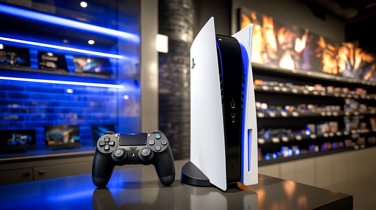 Modern elektronik mağazasında şık raflar ve ambiyans ışıklarıyla sergilenen yüksek kaliteli PlayStation 5 Pro konsolu.
