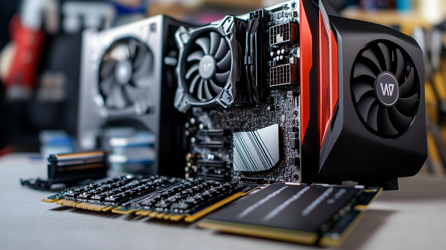 Yakın çekim yüksek performanslı oyun bilgisayarı bileşenleri: modern CPU, güçlü grafik kartı, RAM ve NVMe SSD.
