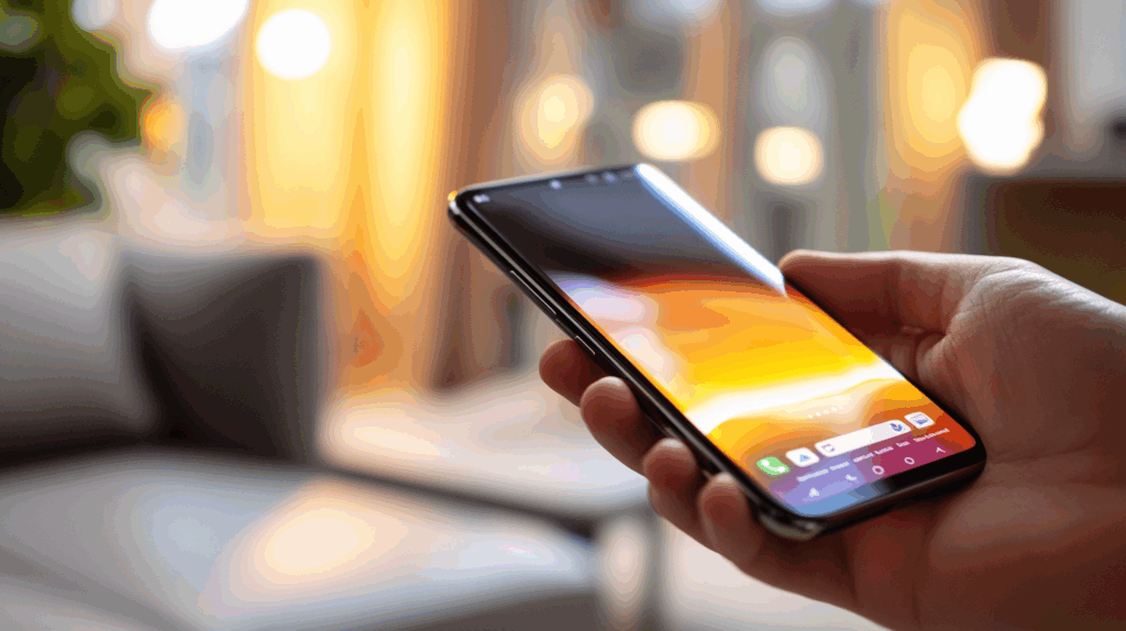 Modern akıllı telefon, elde tutuluyor, parlak ekran ve şık tasarım, minimal arka plan, doğal ışıkta iç mekan.
