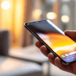 Modern akıllı telefon, elde tutuluyor, parlak ekran ve şık tasarım, minimal arka plan, doğal ışıkta iç mekan.