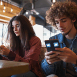 Modern kafede gündüz ışığında, rahat kıyafetli iki genç, sosyal medya ikonlarıyla telefonlarına odaklanmış.