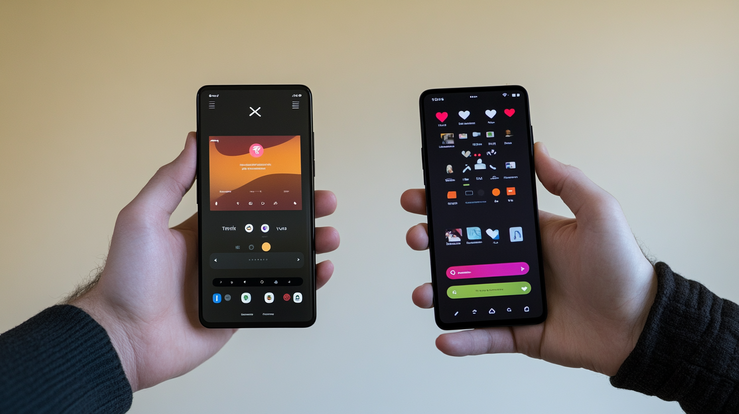 İki kullanıcı tarafından tutulan, biri minimalist Threads uygulaması, diğeri karmaşık X (Twitter) arayüzü gösteren akıllı telefonlar karşılaştırması.