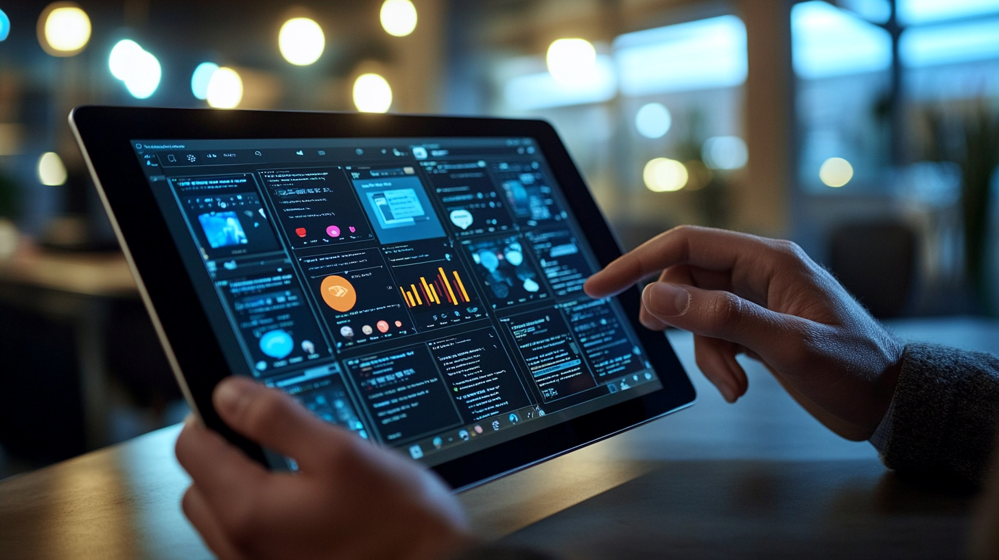 Modern ofiste odaklanmış ışık altında, karmaşık sosyal medya paneli görüntüleyen deneyimli profesyonel tablet kullanıyor.