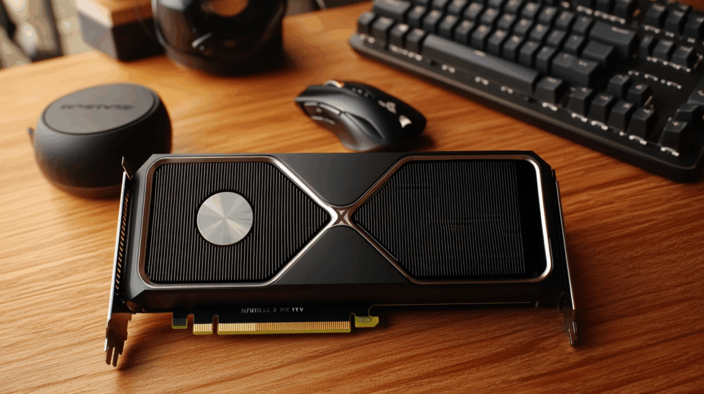Yakın çekim NVIDIA RTX 4070 Super grafik kartı, ahşap masada mekanik klavye ve oyun faresiyle modern oyun kurulumu.