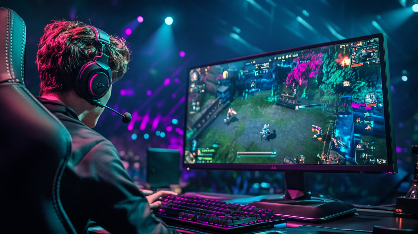 Yüksek performanslı grafik kartıyla güçlü PC'de rekabetçi e-spor oyunu oynayan, canlı renkli ve dinamik ışıklı oyuncu.