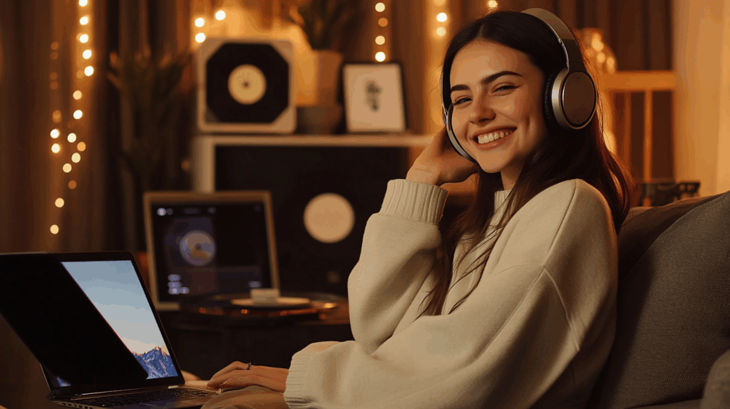 Kulaklık takmış genç kadın, rahat oturma odasında dizüstü ve telefonla müzik dinleyip gülümsüyor, modern yaşam tarzı.