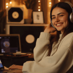 Kulaklık takmış genç kadın, rahat oturma odasında dizüstü ve telefonla müzik dinleyip gülümsüyor, modern yaşam tarzı.