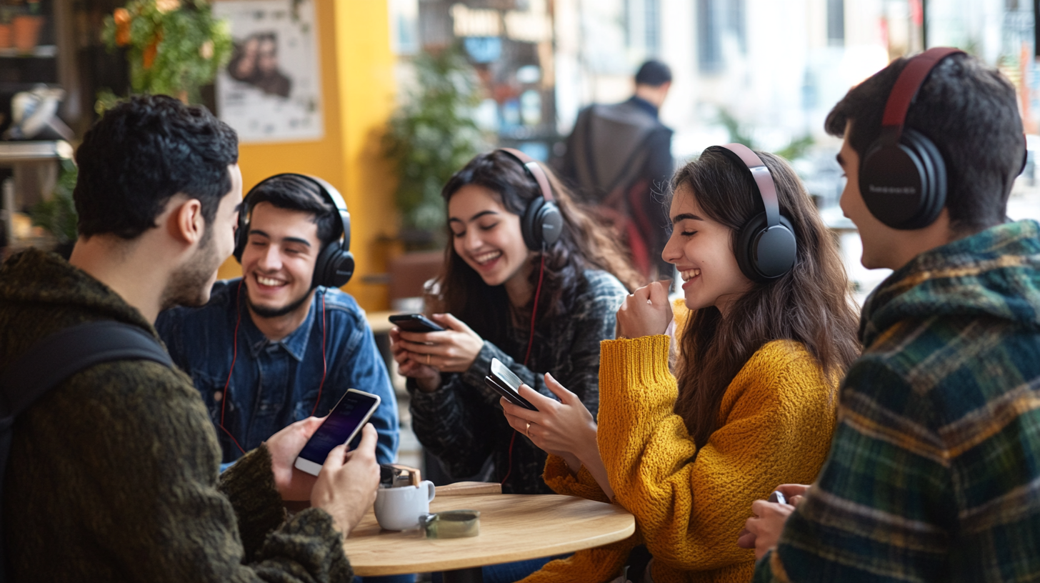 Çeşitli gençler, İstanbul kafe ortamında kulaklıkla dijital müzik deneyimi paylaşırken gülümsüyor, canlı ve samimi atmosfer.