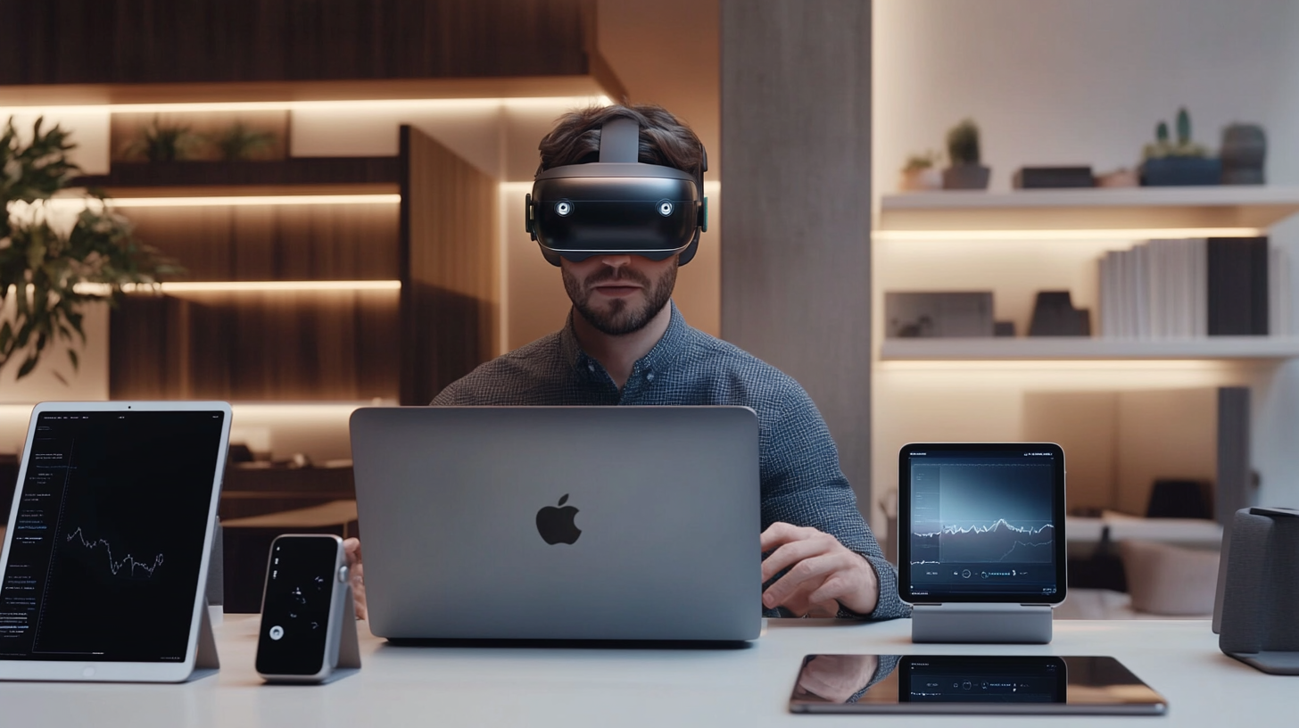 AR başlıklı kullanıcı, modern çalışma alanında iPhone, iPad, MacBook ve Apple Watch ile kesintisiz dijital iş akışı sağlıyor.