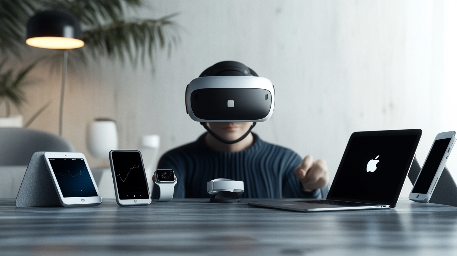 Modern ev ofis ortamında gelişmiş AR/VR başlık takan kişi, iPhone, iPad, MacBook ve Apple Watch ile bağlantı ve entegrasyon sağlıyor.