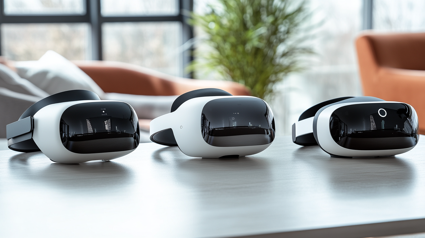 Modern masada yan yana dizilmiş AR/VR kulaklıklar, Apple Vision Pro'nun gelişmiş özellikleri ve şık tasarımıyla karşılaştırmalı görüntü.