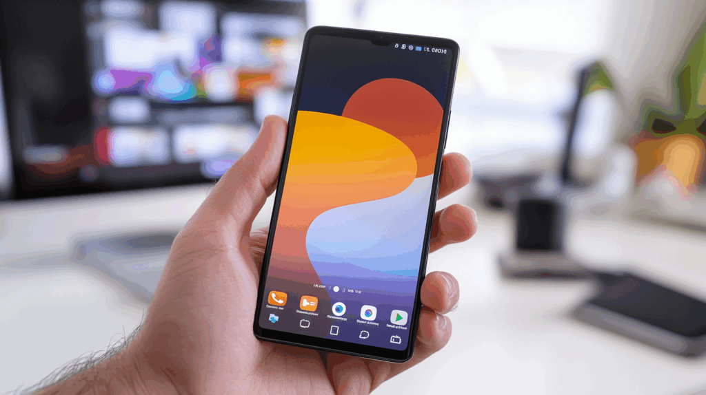 Kişinin elinde modern tasarımlı OnePlus 12 akıllı telefon, canlı ekran ve minimal teknoloji çalışma alanı arka planıyla.