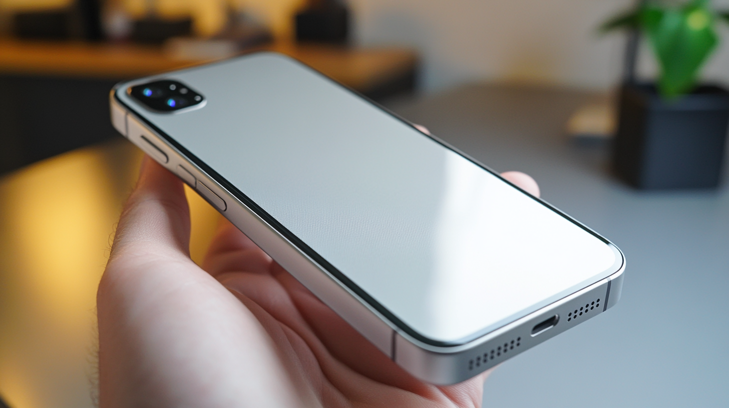 Modern mat cam cam kapaklı, alüminyum çerçeveli akıllı telefon, ergonomik tutuşla elde, stüdyo ışığında yüksek çözünürlükte görüntü.