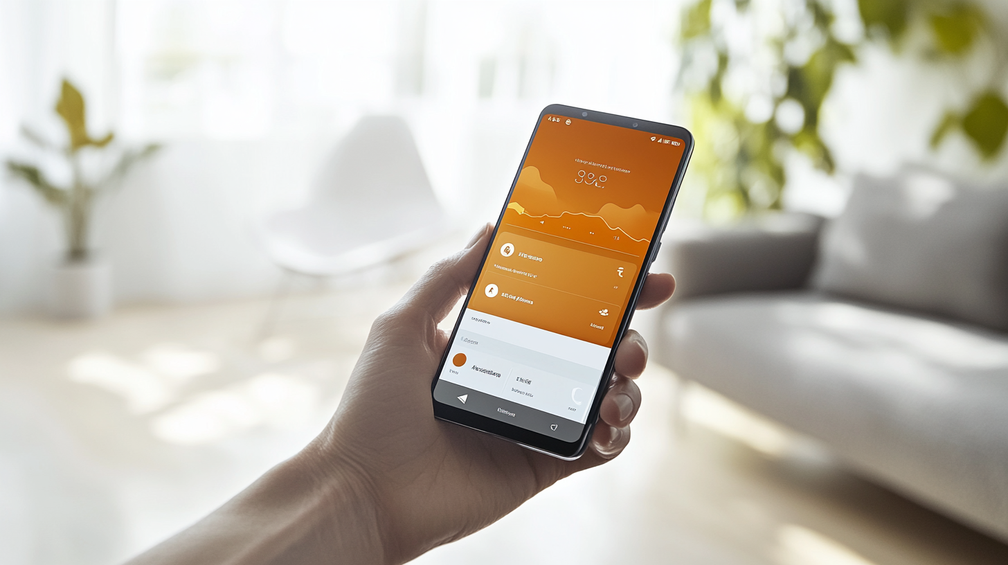 Kullanıcının elinde, parlak ve minimal iç mekanda modern, temiz arayüz ve akıcı animasyonlar gösteren akıllı telefon.