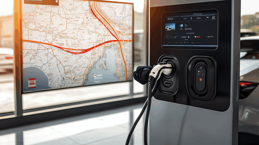 Türkiye haritası önünde modern elektrikli araç şarj istasyonu ve şarj edilen elektrikli otomobil, sürdürülebilir ulaşım.