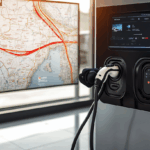 Türkiye haritası önünde modern elektrikli araç şarj istasyonu ve şarj edilen elektrikli otomobil, sürdürülebilir ulaşım.