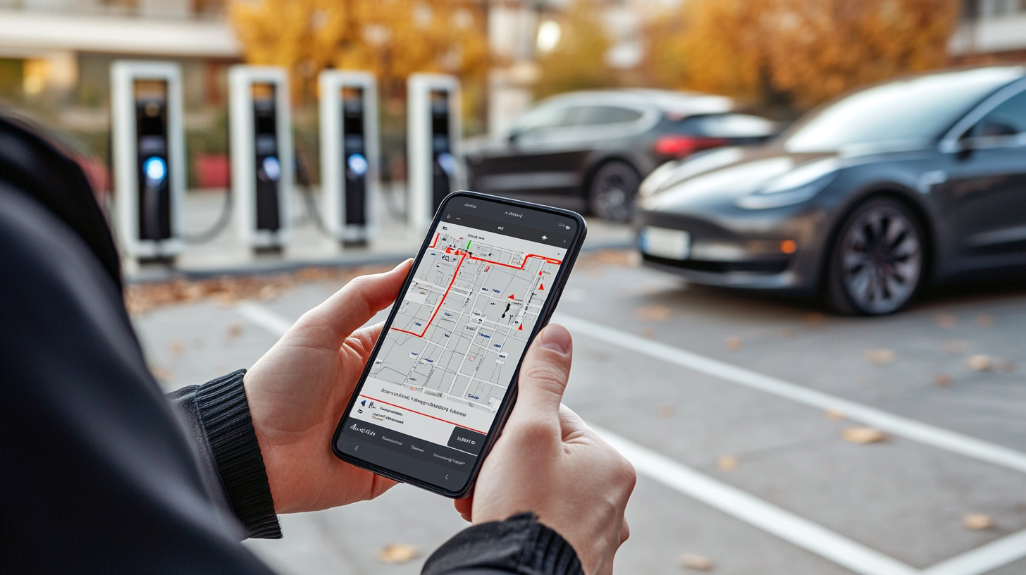 Modern şehirde elektrikli araç sürücüsü, şarj istasyonları haritasını gösteren akıllı telefon uygulamasını kullanıyor.