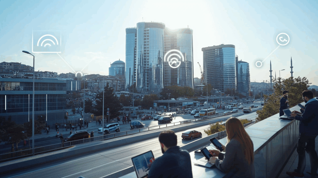 Gün ışığında modern Türk şehir manzarasında 5G simgeleriyle çevrili, akıllı telefon ve dizüstü kullanan çeşitli insanlar, hızlı internet.