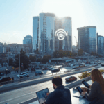 Gün ışığında modern Türk şehir manzarasında 5G simgeleriyle çevrili, akıllı telefon ve dizüstü kullanan çeşitli insanlar, hızlı internet.