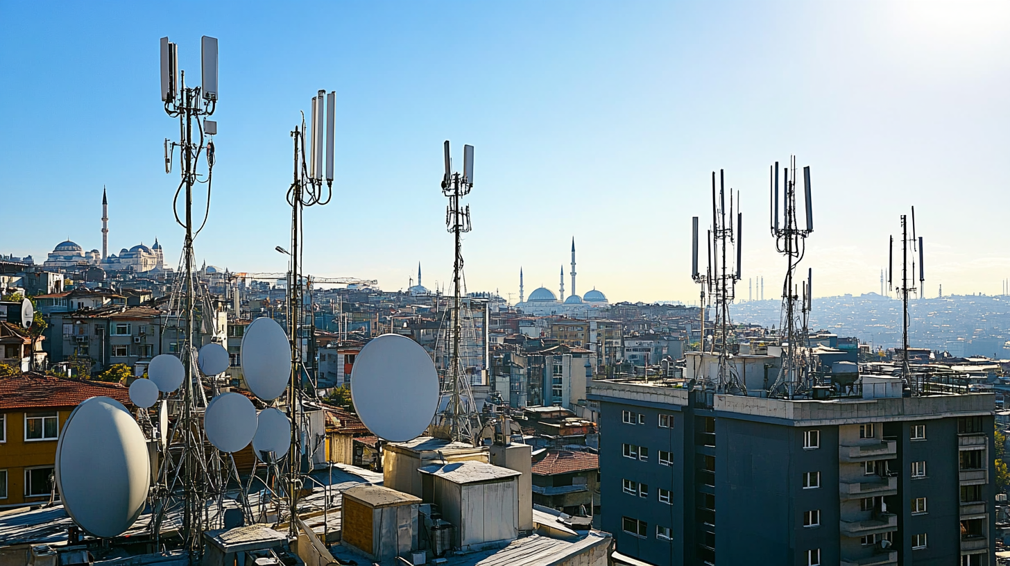 Gün ışığında İstanbul şehir manzarasında çatıdaki 5G baz istasyonları ve antenlerle modern 5G altyapısı.