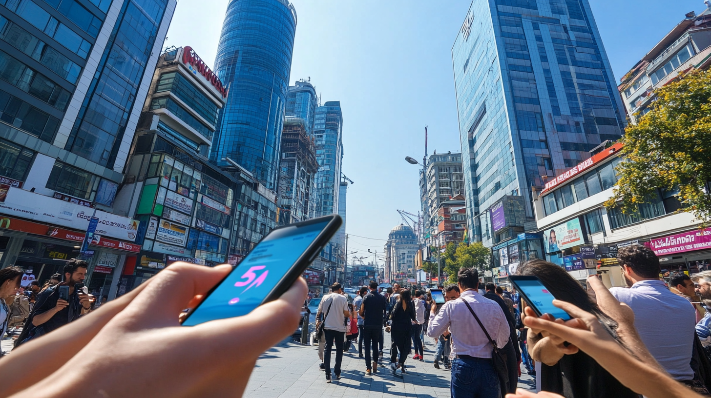 İstanbul'da kalabalık sokakta 5G hız testi yapan kişi ve cep telefonlarıyla dolu modern şehir manzarası.