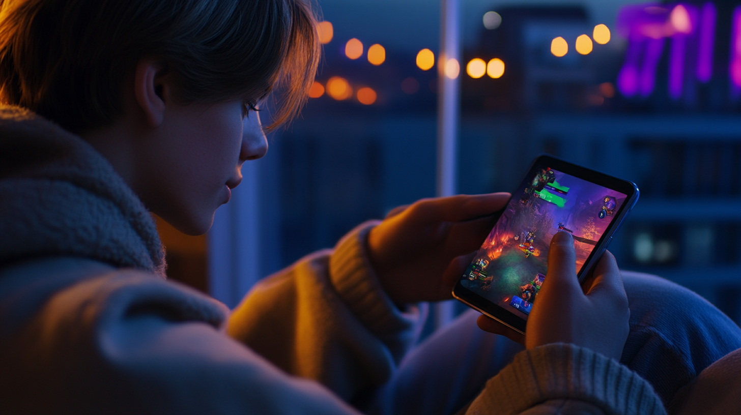 Genç yetişkin, yüksek hızlı 5G bağlantıyla akıcı online çok oyunculu oyun oynarken yoğun odaklanmış halde.