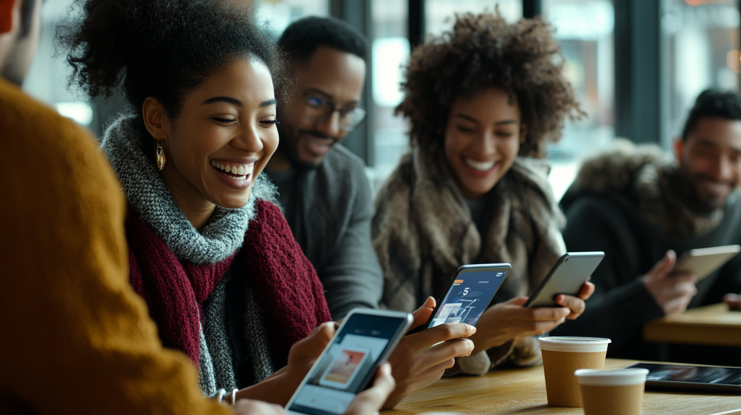 Kafe ortamında 5G destekli akıllı telefon ve tablet kullanan çeşitli insanlar, yüksek hızlı internetle etkileşimde, mutlu ve sosyal.